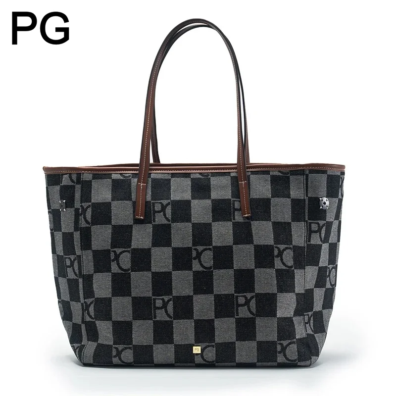 Tote Bag Leather Monogram - Bolsa Tote Checkerboard Monogram para Mulheres,